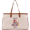 a white bag with a picture of a girl on it