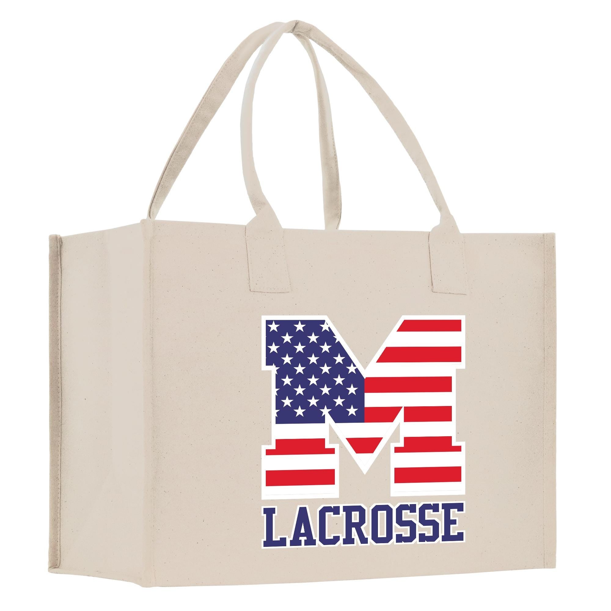 a white shopping bag with the letter m on it