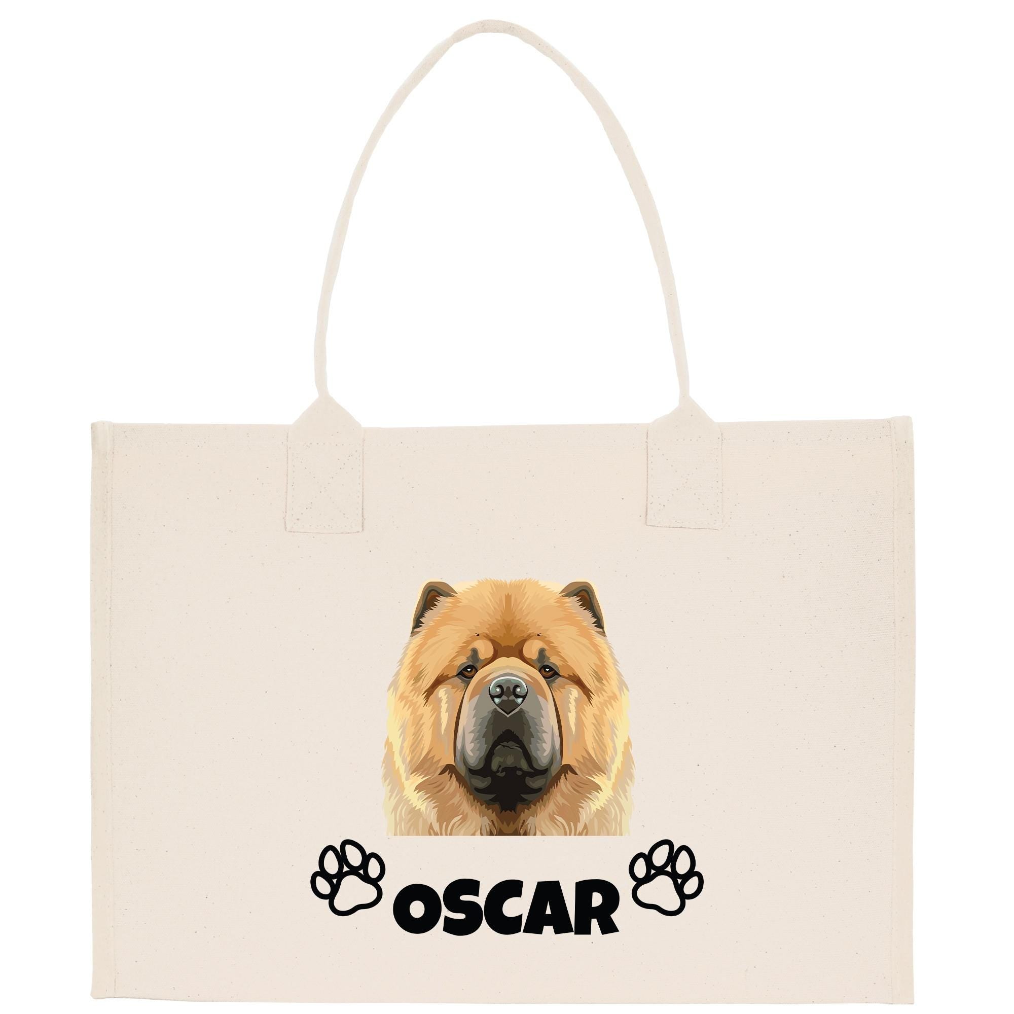 A white tote bag with a printed image of a chow dog&#39;s face and the name &quot;OSCAR&quot; below it.
