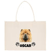 A white tote bag with a printed image of a chow dog's face and the name "OSCAR" below it.
