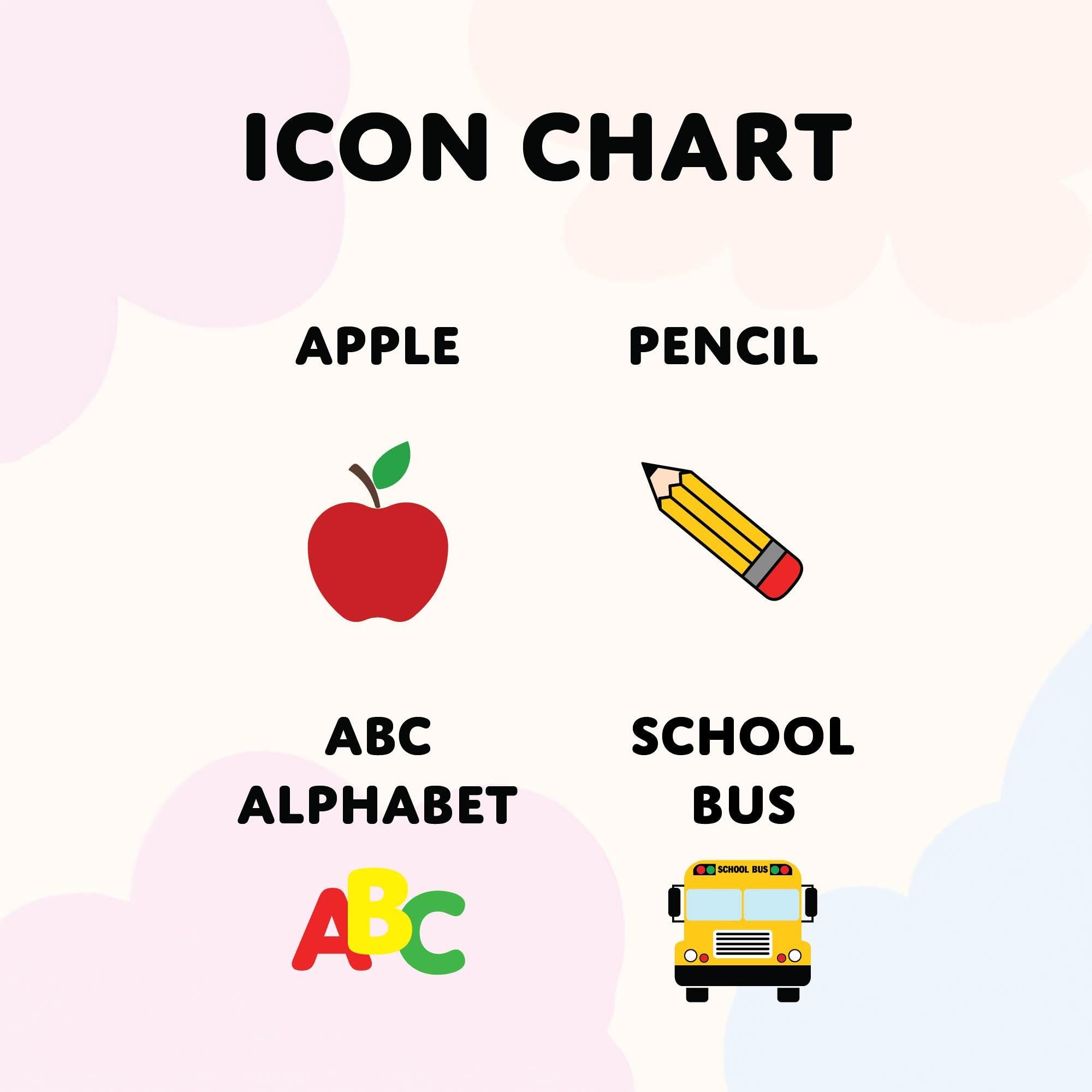 a picture of a school bus, apple, pencil, pencil, pencil and pencil