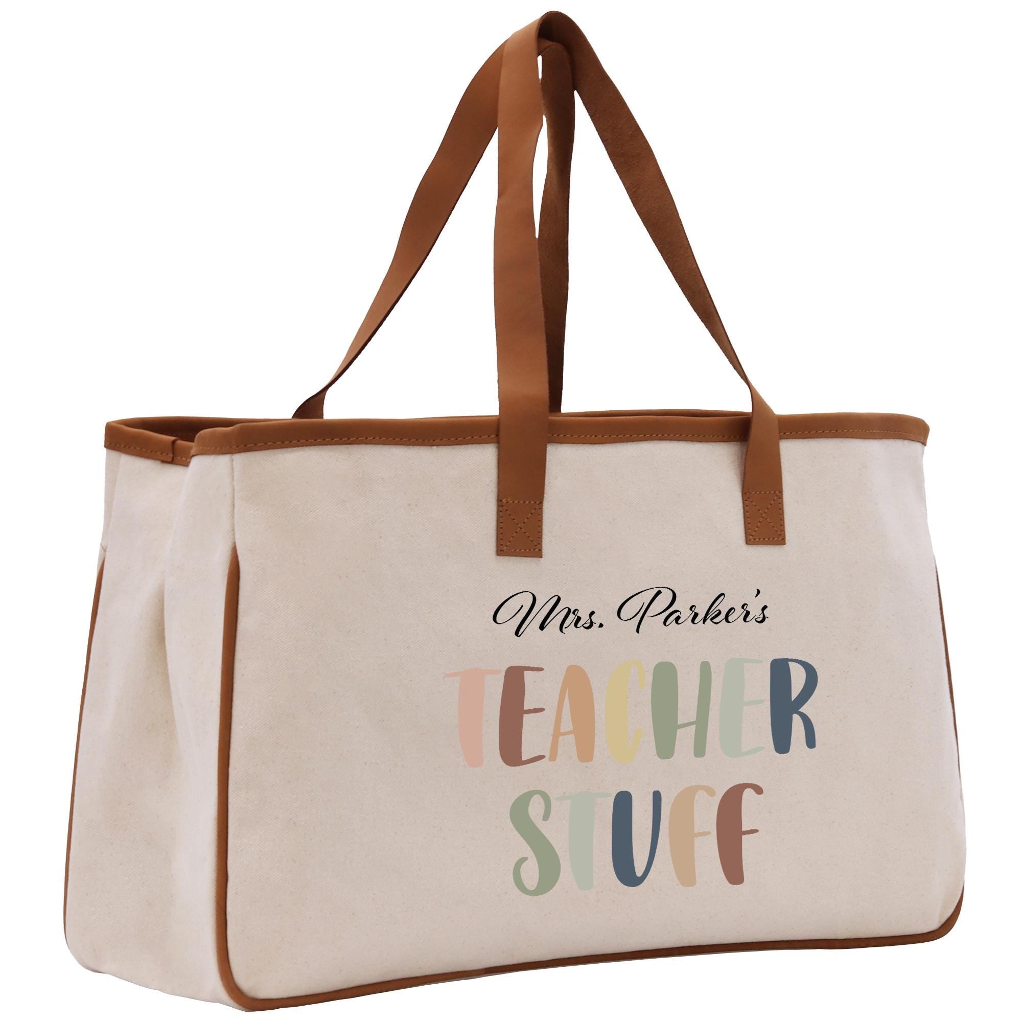 A beige canvas tote bag with brown straps and the text &quot;Mrs. Parker&#39;s Teacher Stuff&quot; printed on it.