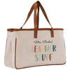 A beige canvas tote bag with brown straps and the text "Mrs. Parker's Teacher Stuff" printed on it.