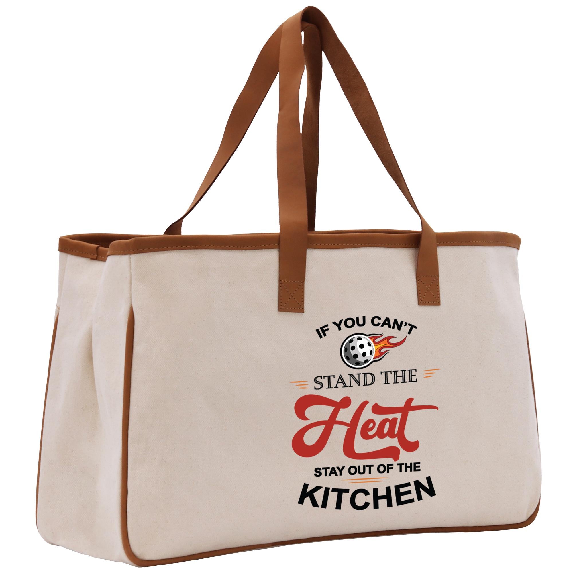 a white tote bag with a brown handle