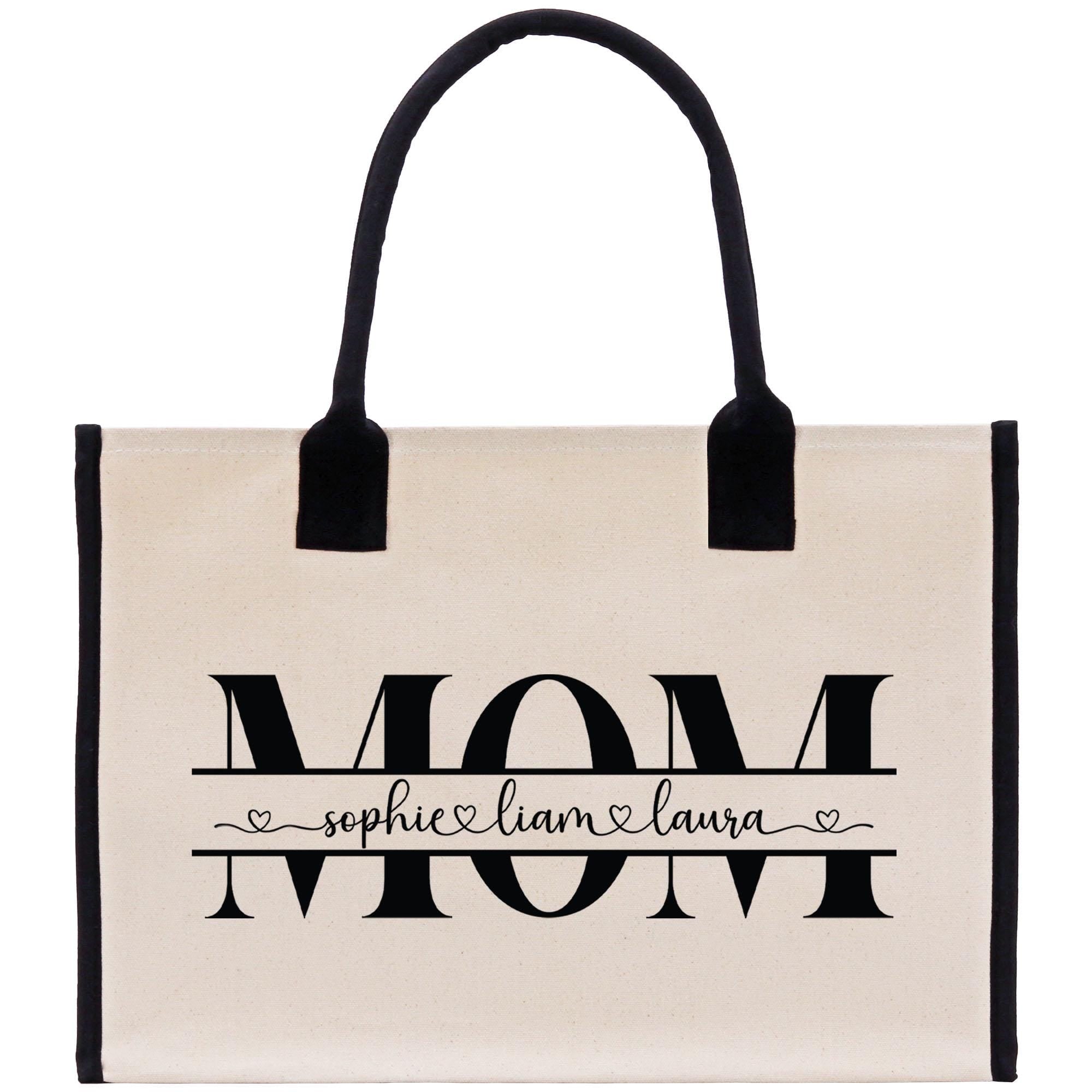 a mother&#39;s day tote bag with the word mom printed on it