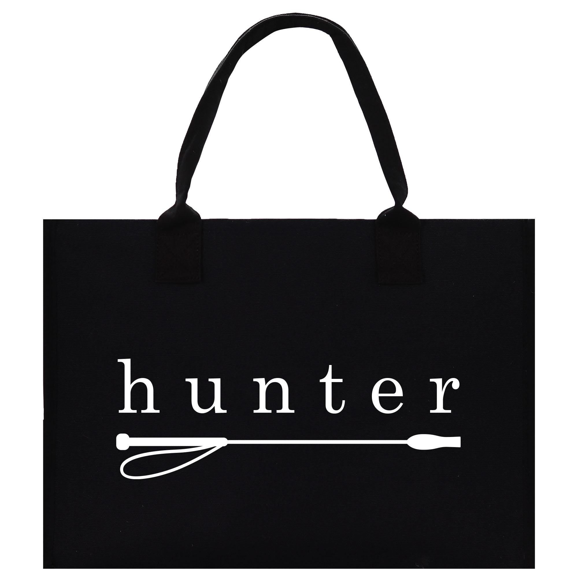 A black shopping bag with the word &quot;hunter&quot; printed on it.