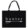 A black shopping bag with the word "hunter" printed on it.
