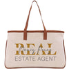 a white and brown bag with a brown handle