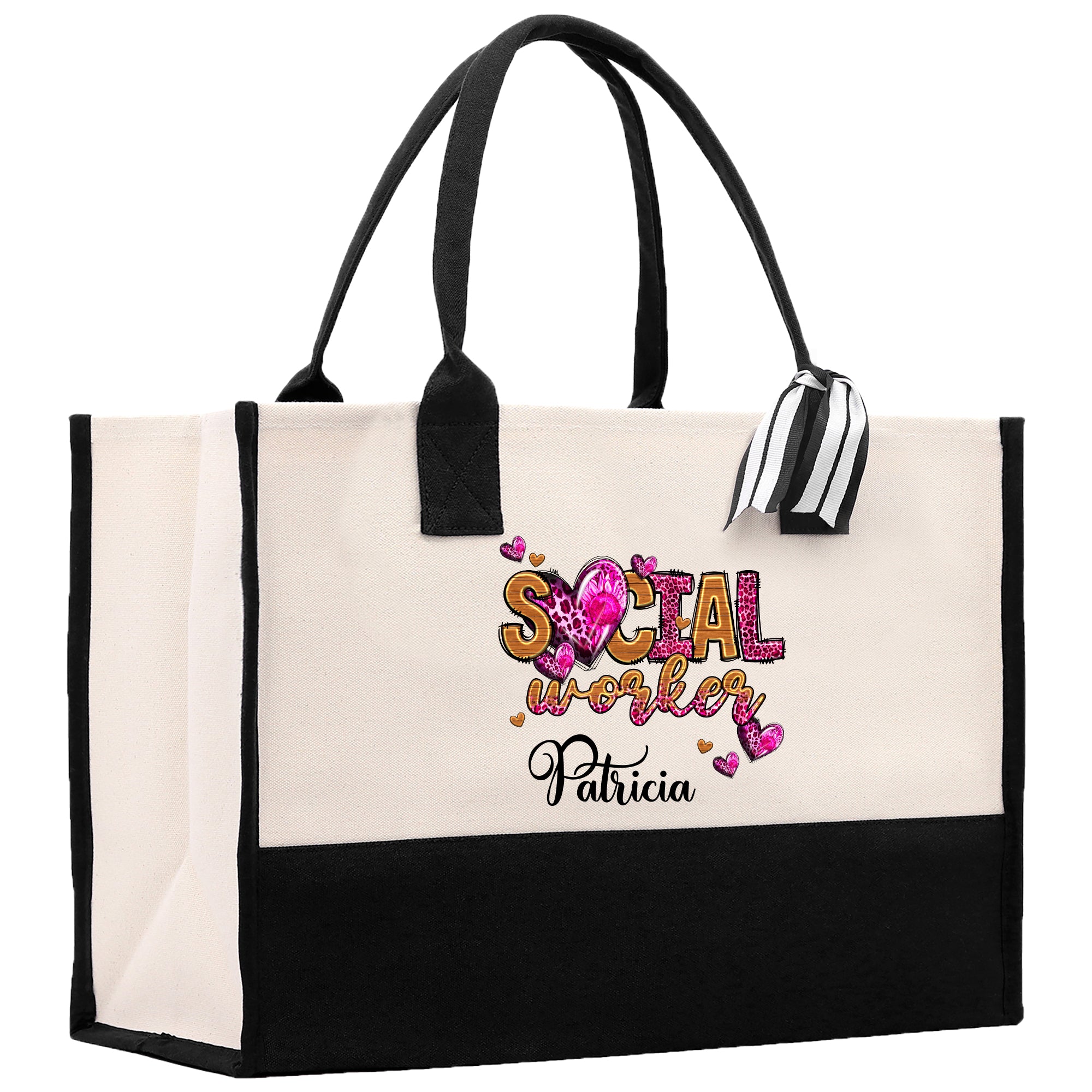 a black and white shopping bag with a floral design