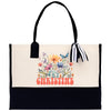 a black and white bag with flowers and butterflies on it