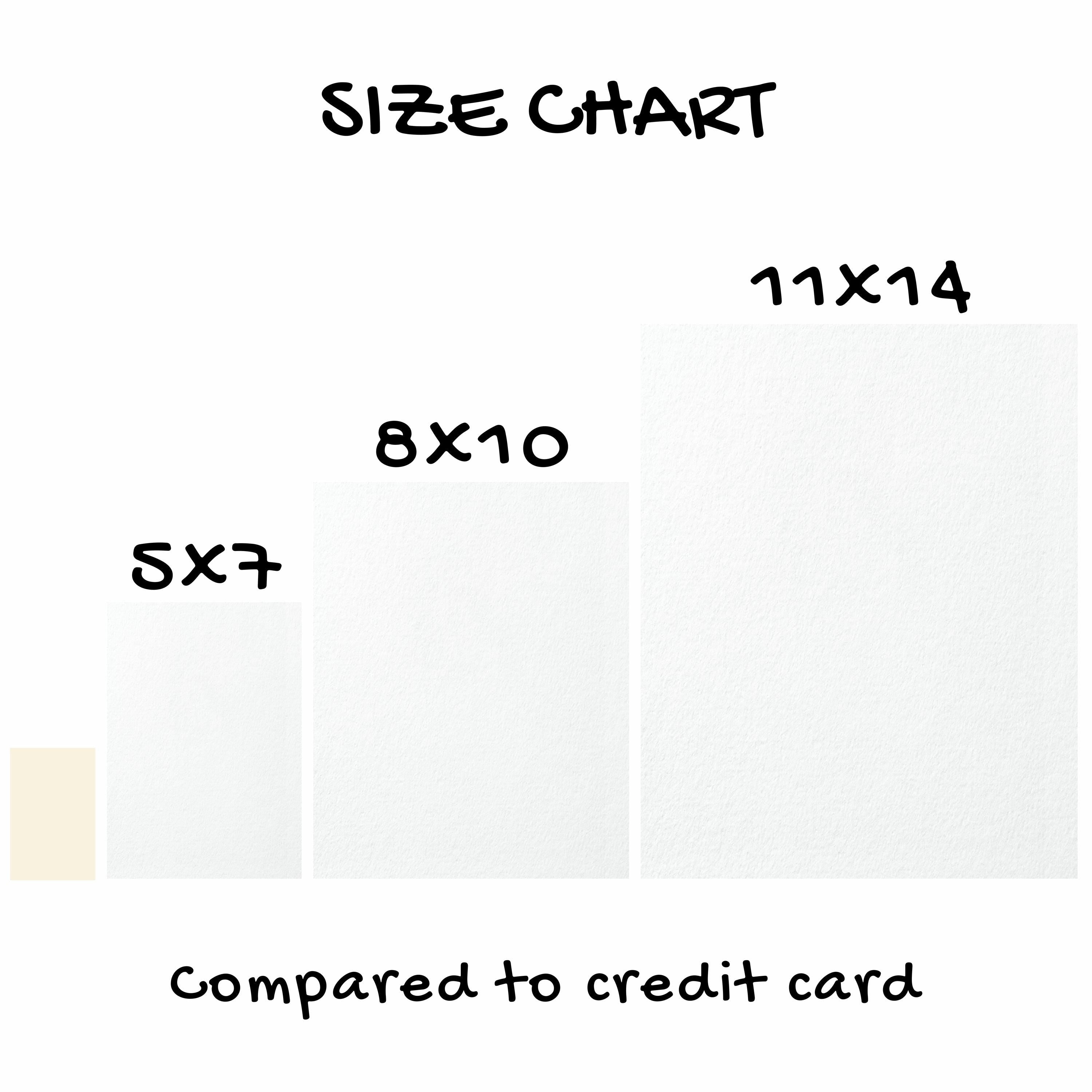 The image is a size chart comparing the dimensions of different paper sizes to a credit card.