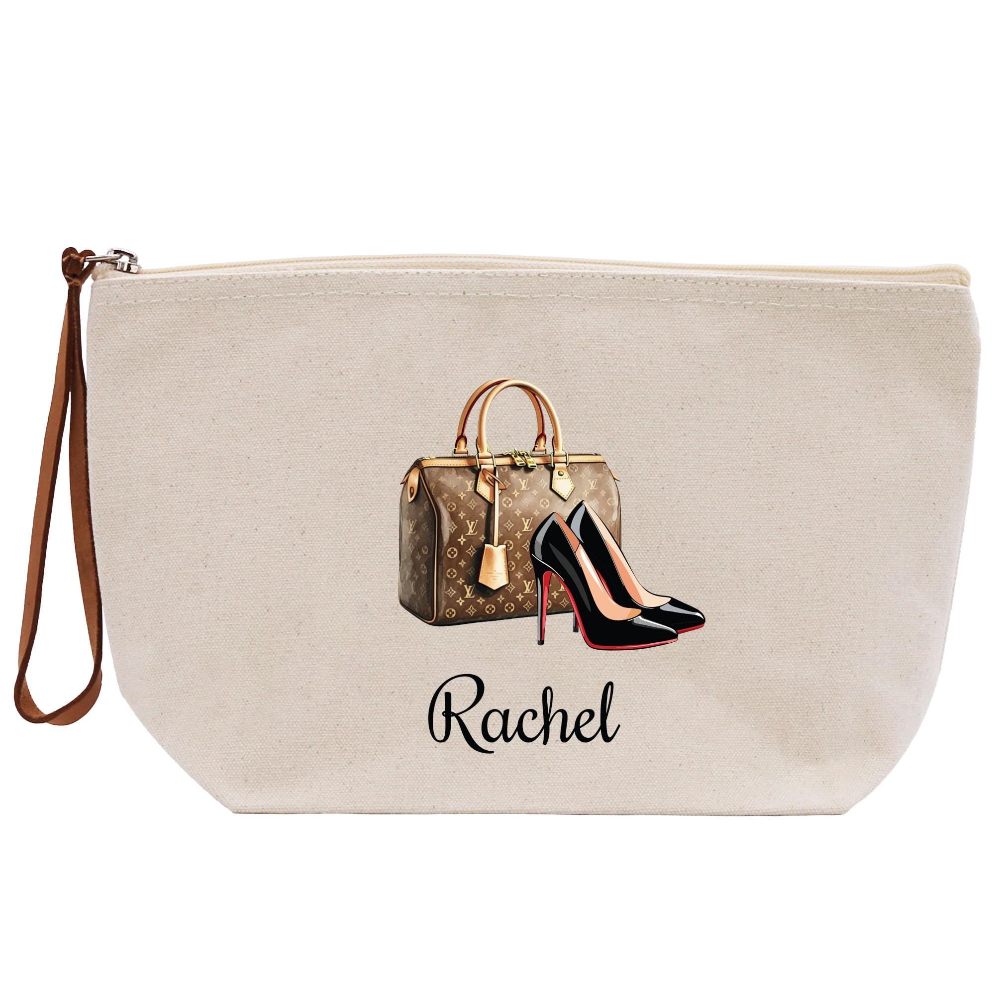 a white bag with a pair of shoes on it