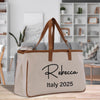a white bag with a brown handle on a table