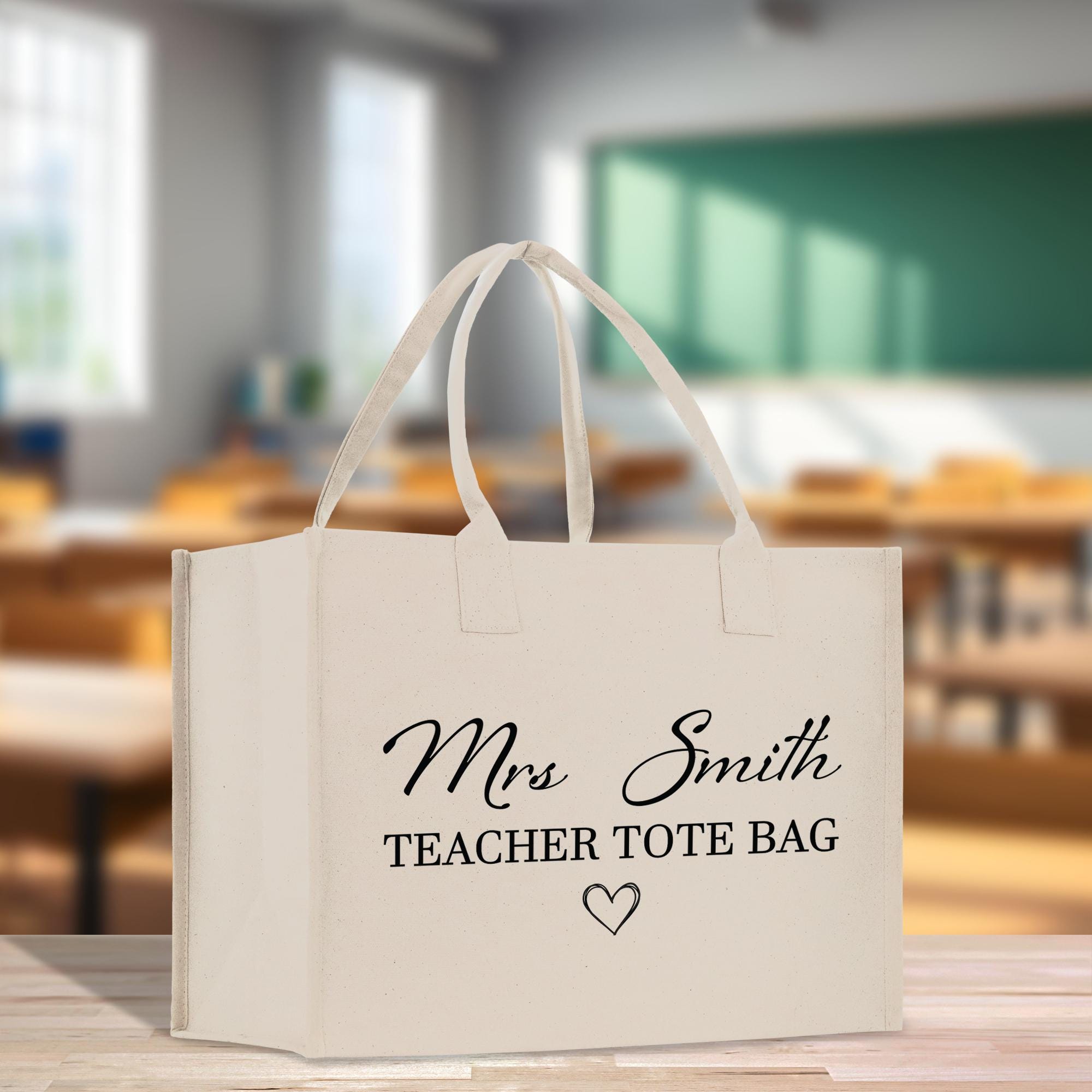 a white bag that says, mrs smith teacher tote bag