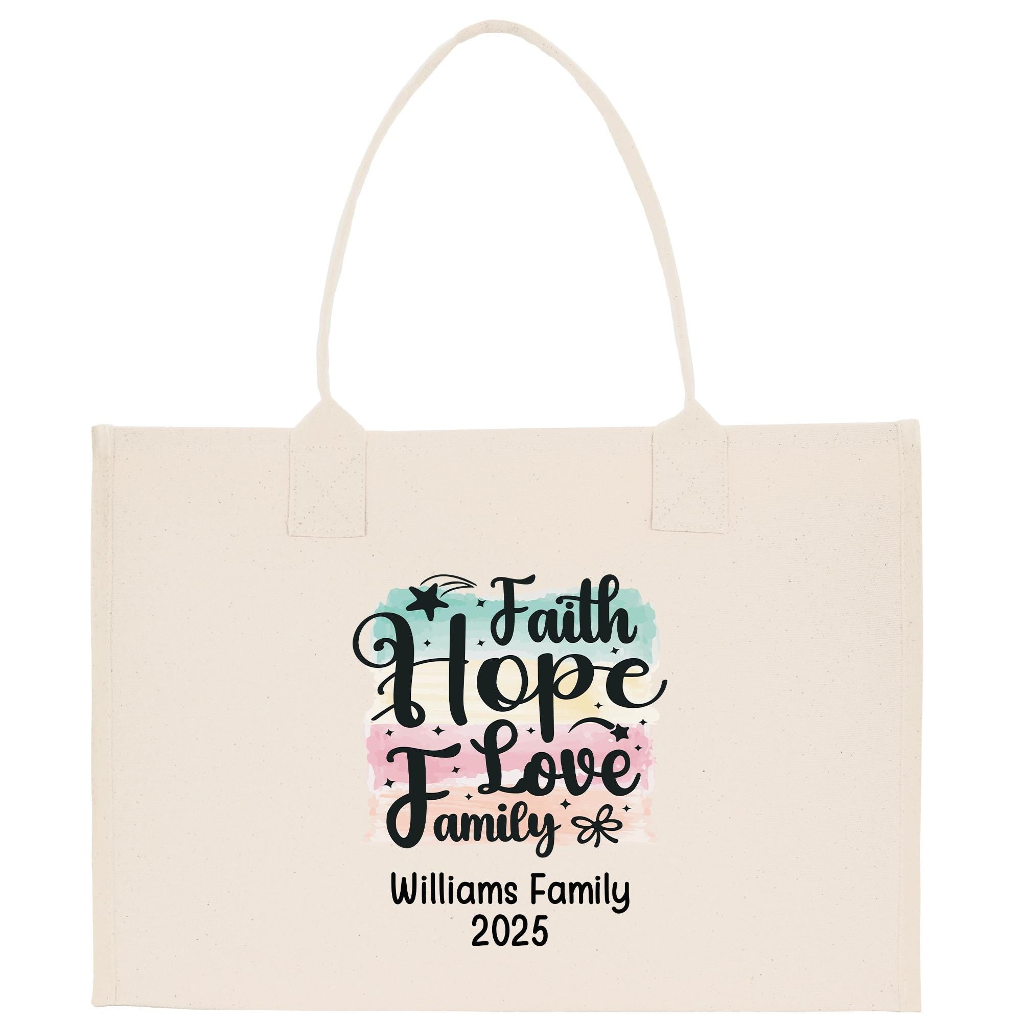A beige canvas tote bag with a printed design that says &quot;I Faith Hope Love Family&quot; and &quot;Williams Family 2035&quot;.