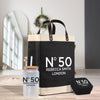 a black and white tote bag with the text 