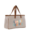 A tan canvas tote bag with the text "GROOBY BROTHER" printed on it.