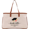 A beige tote bag with a graduation cap and mortarboard printed on it, along with the text "Benda Miller Yale University 2020".