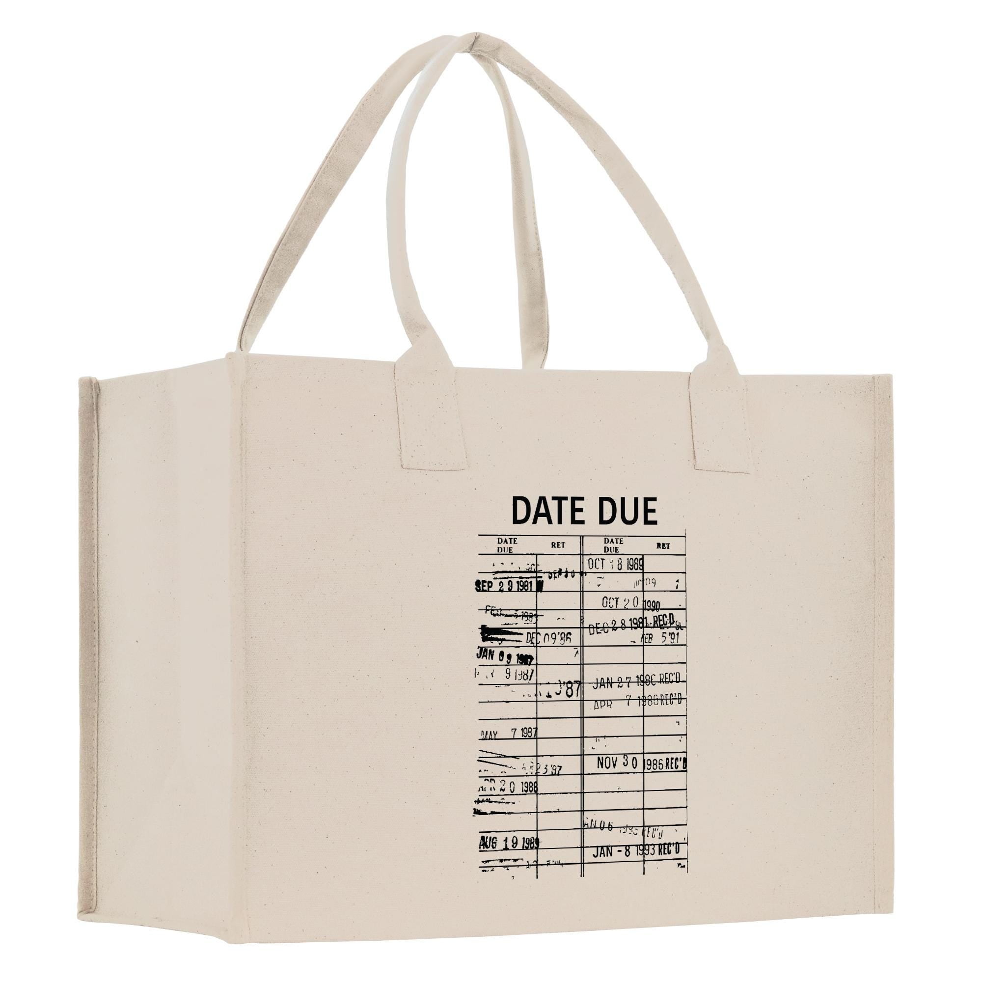 a tote bag with the date due printed on it