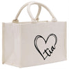 a canvas bag with a heart and the word i love you printed on it