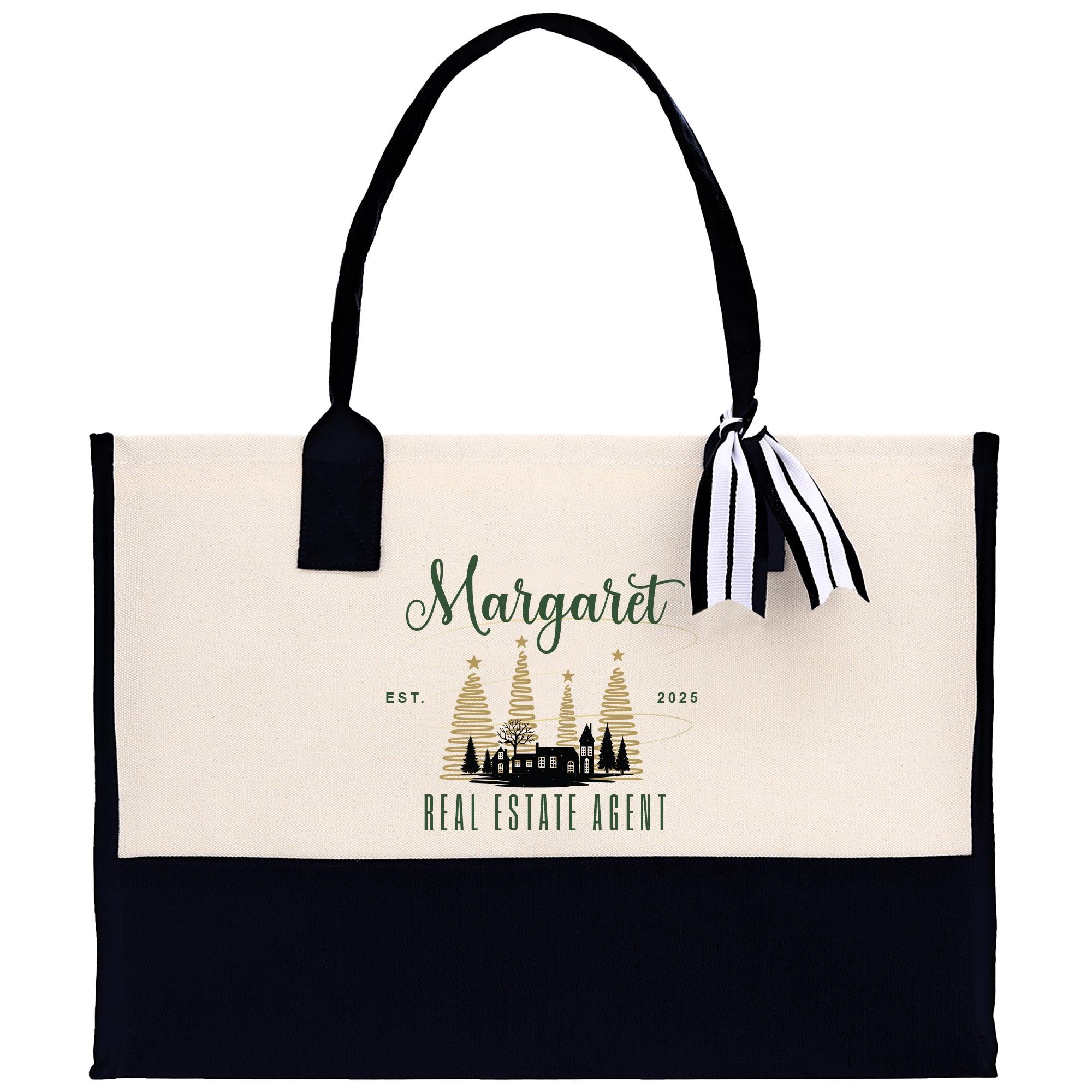 a black and white bag with a striped handle