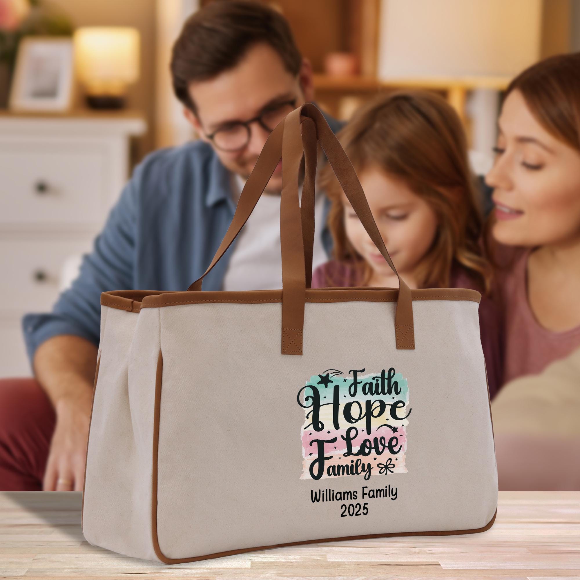 A beige canvas tote bag with a printed design on it, featuring the text &quot;Faith Hope Love Family&quot; and &quot;Williams Family 2025&quot;. The bag is placed on a wooden surface, with a man and a woman standing behind it.