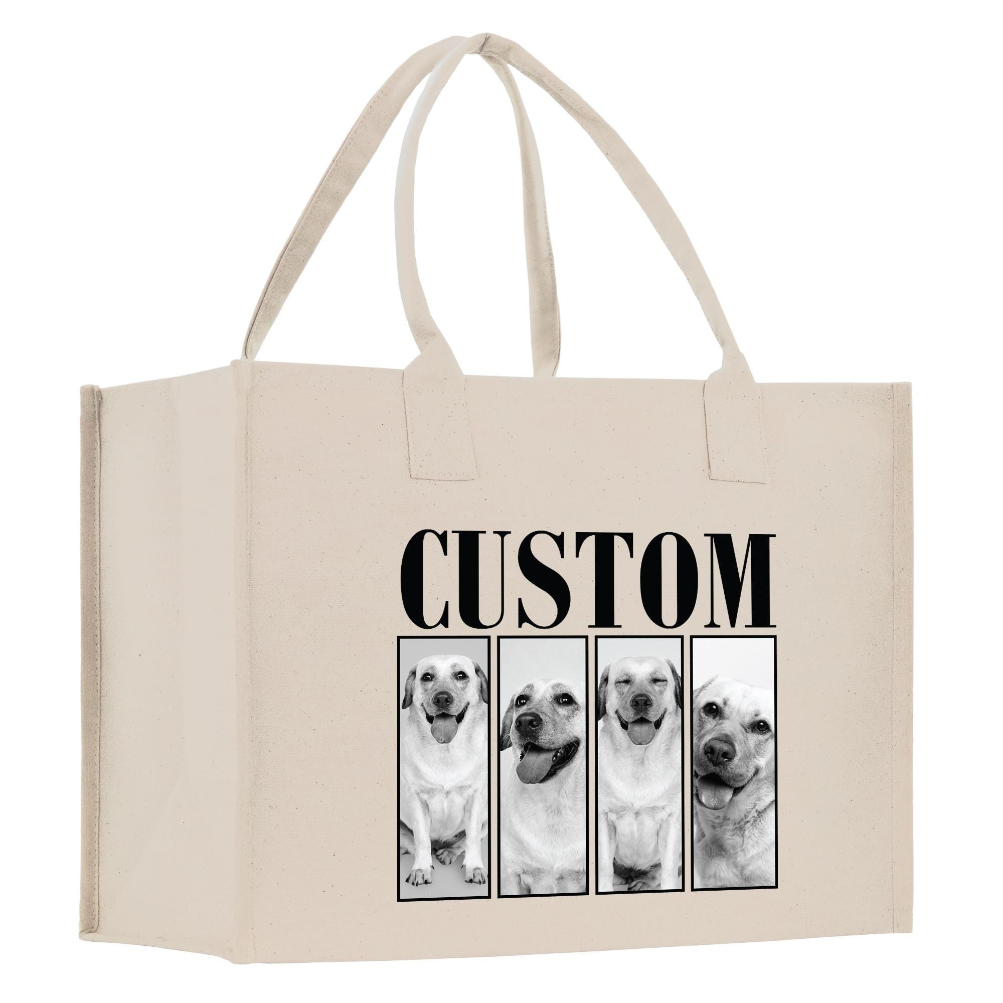 A beige canvas tote bag with a custom dog photo printed on it.