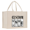 A beige canvas tote bag with a custom dog photo printed on it.