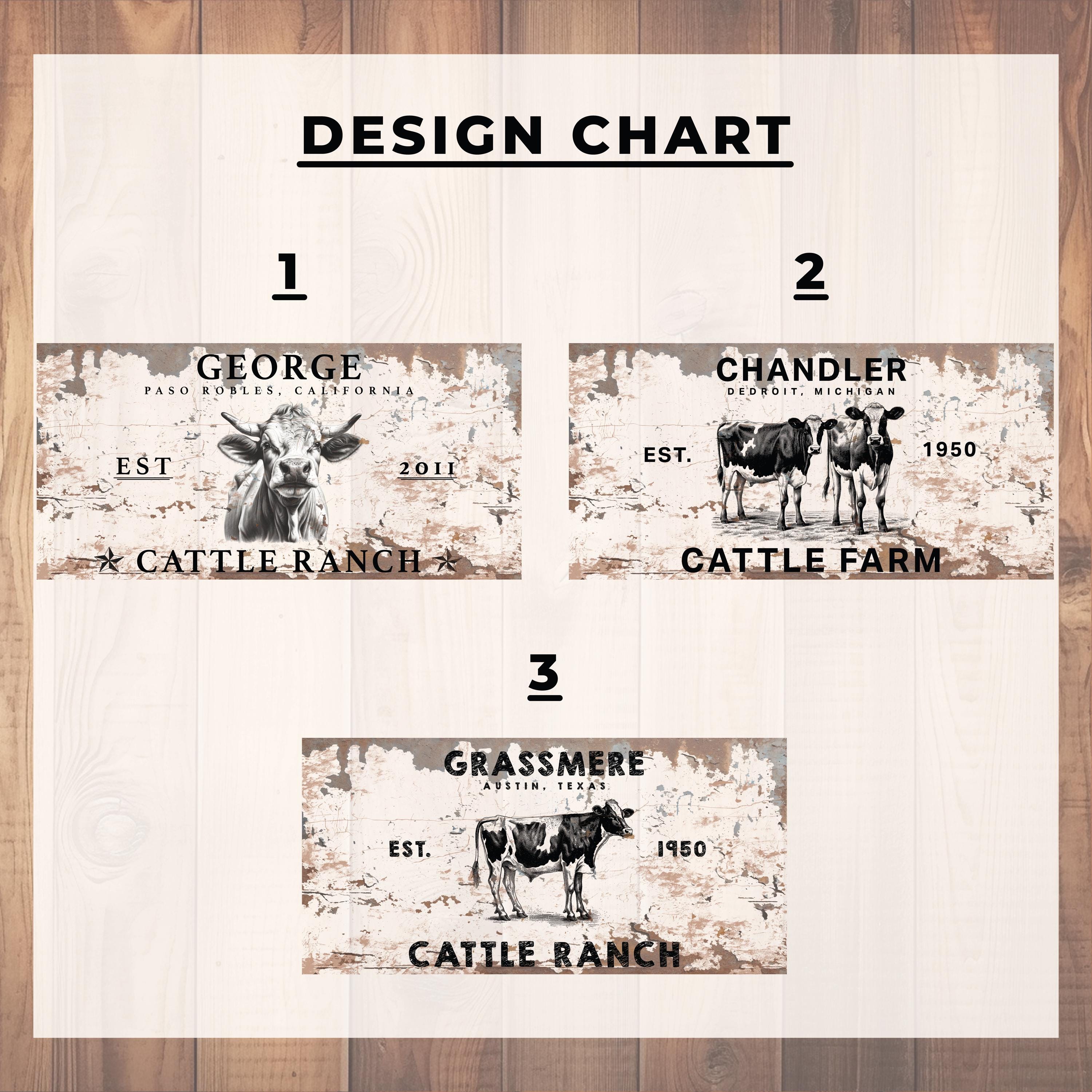 three design charts, each featuring a cow illustration and text related to cattle ranching. The charts are labeled with the numbers 1, 2, and 3, indicating their order or position within the design.