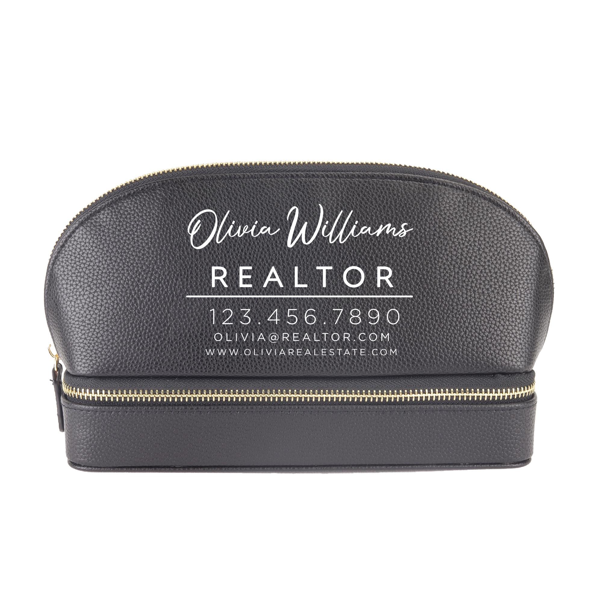 A black leather cosmetic bag with the text &quot;Olivia Williams REALTOR 123.456.7890 www.olivierrealtor.com&quot; printed on it.