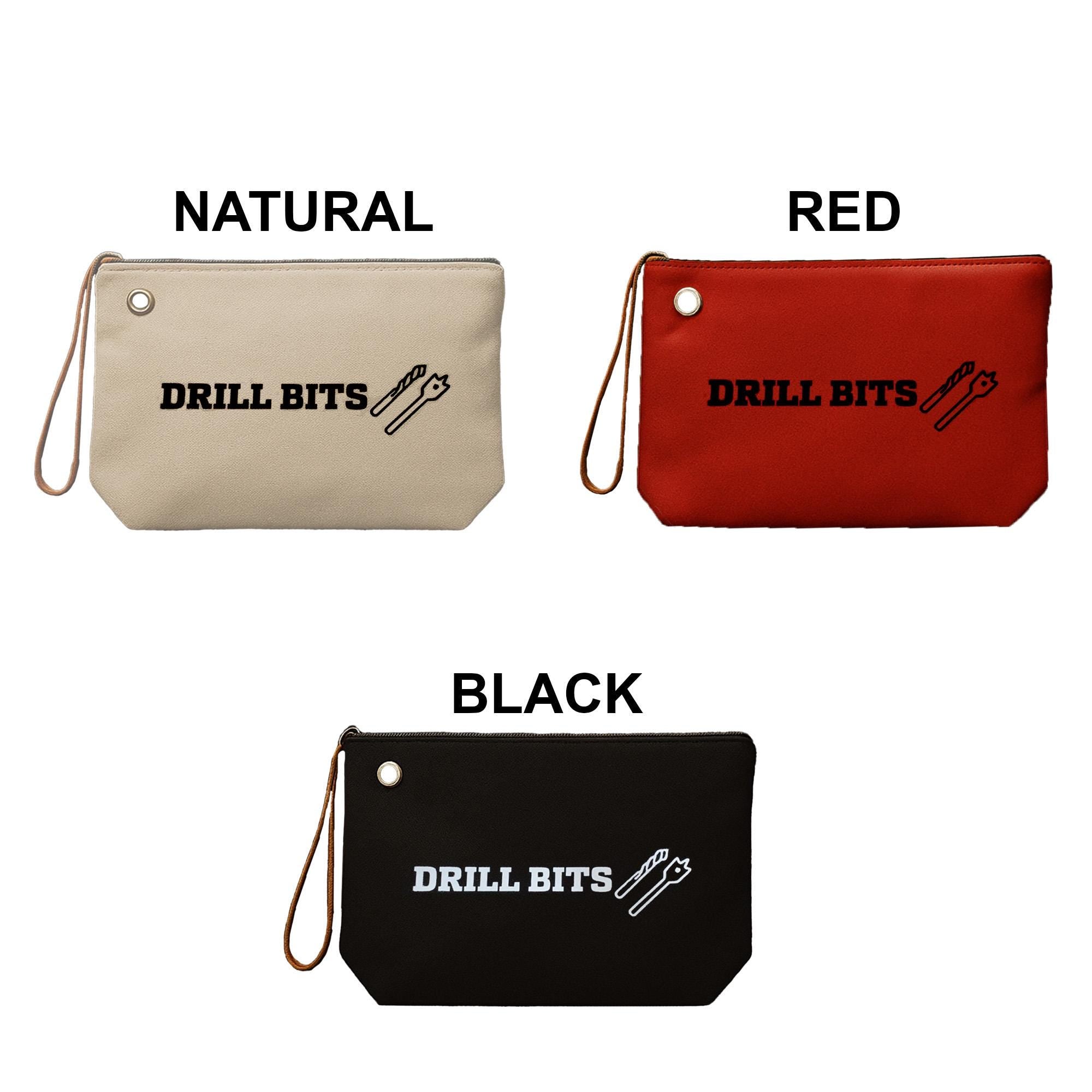 three different color versions of a bag or pouch with the text &quot;DRILL BITS&quot; printed on it.