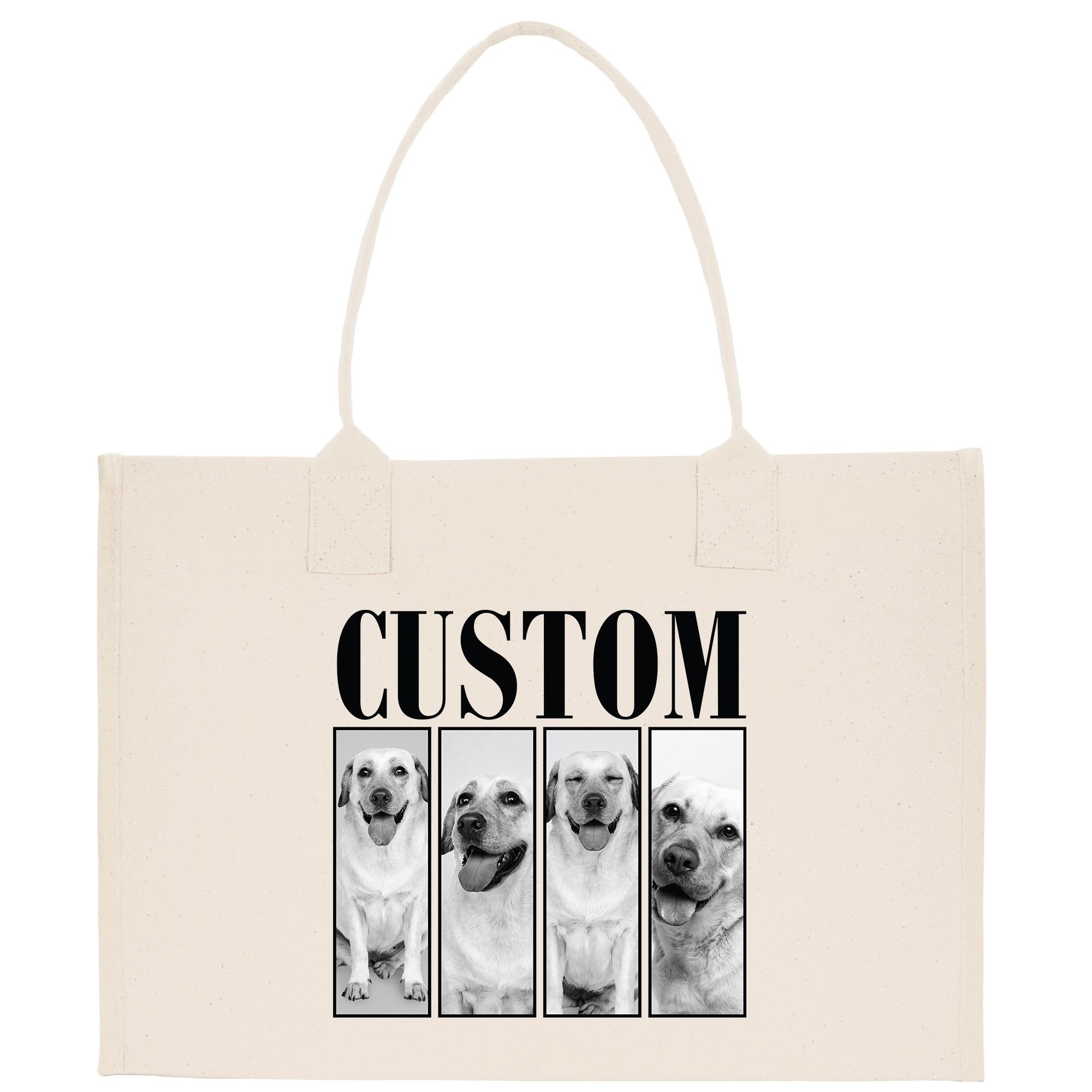 A beige canvas tote bag with a custom dog photo printed on it.