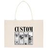 A beige canvas tote bag with a custom dog photo printed on it.