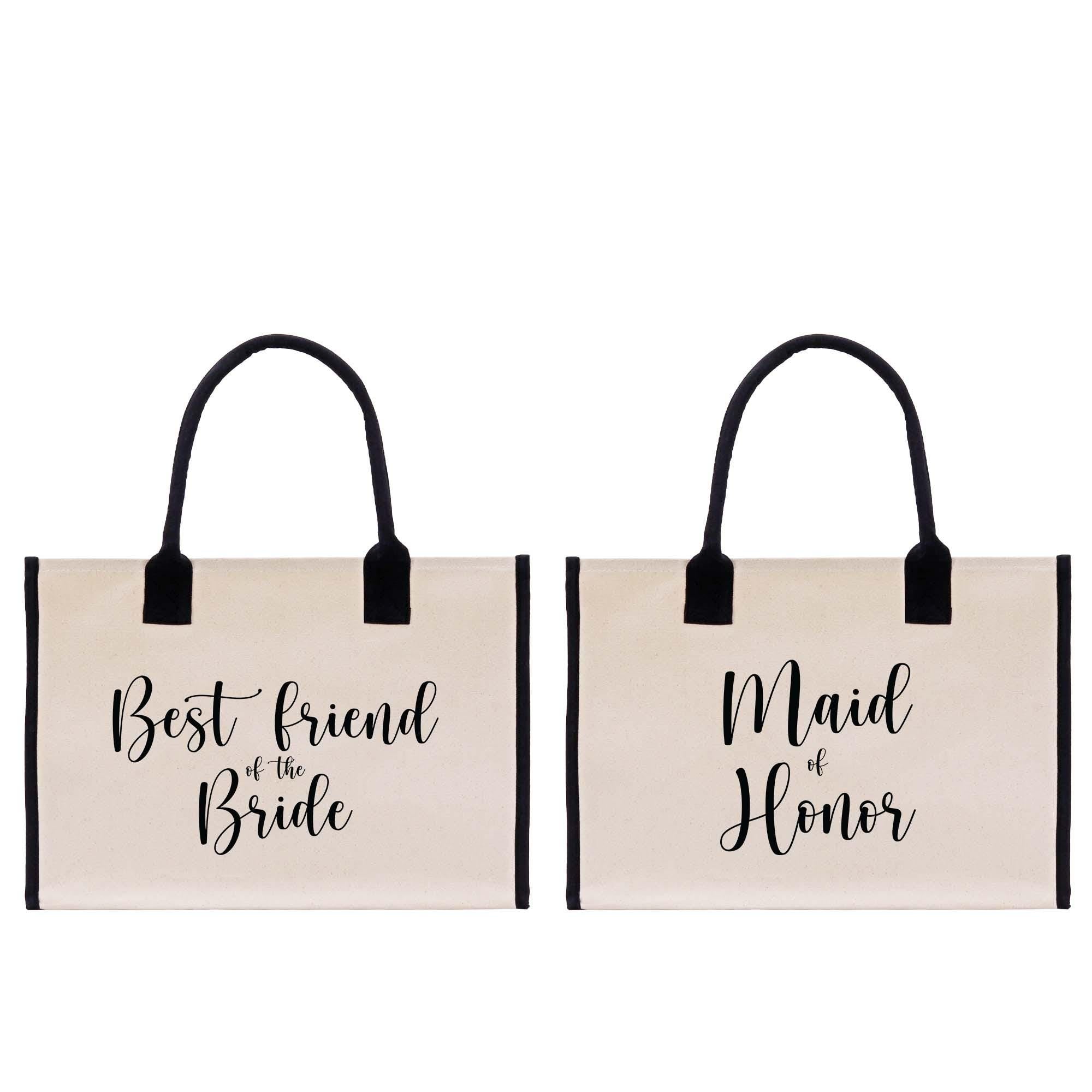 two bags with the words best friend and maid of bride printed on them