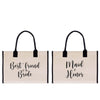 two bags with the words best friend and maid of bride printed on them