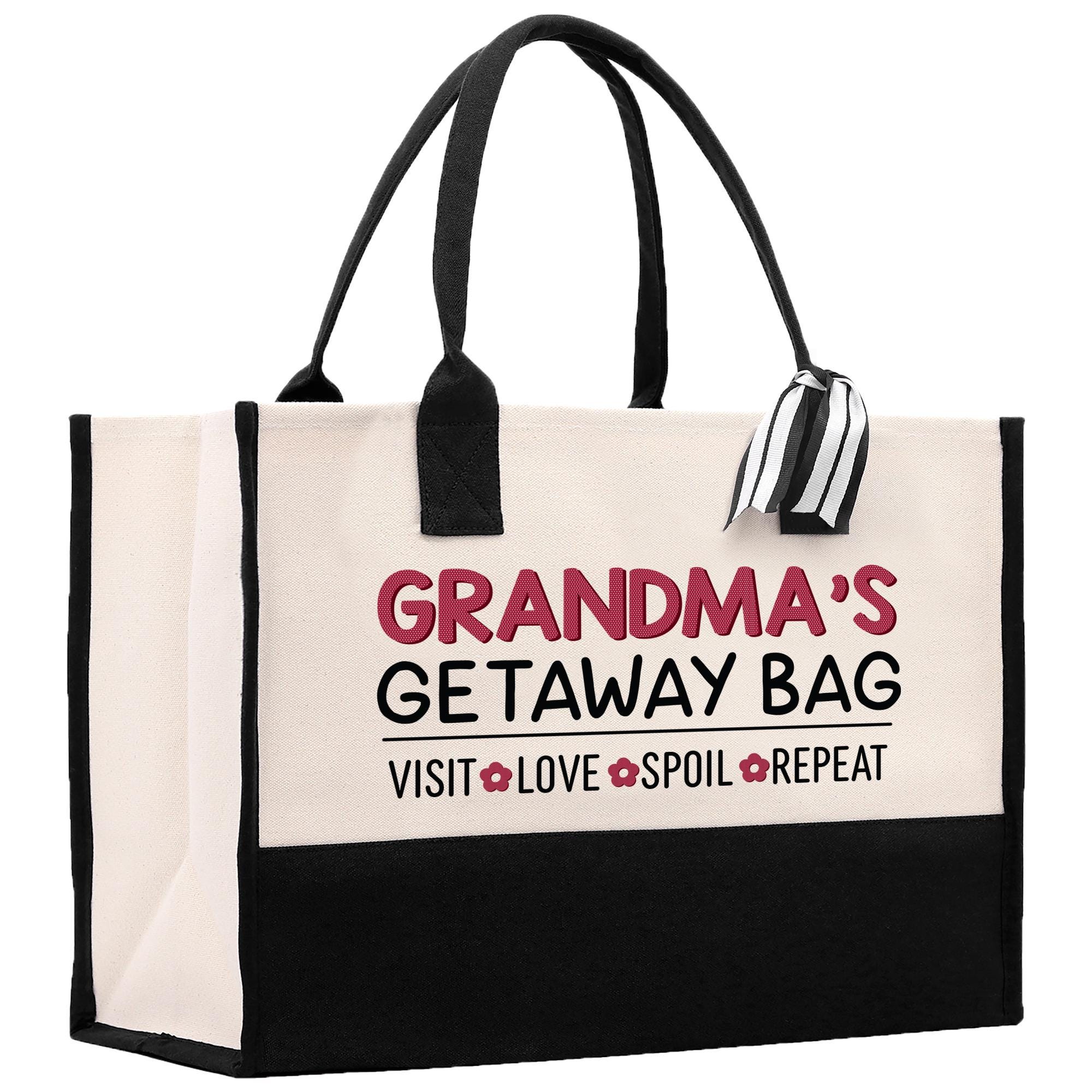 a black and white tote bag with the words grandma&#39;s getaway bag
