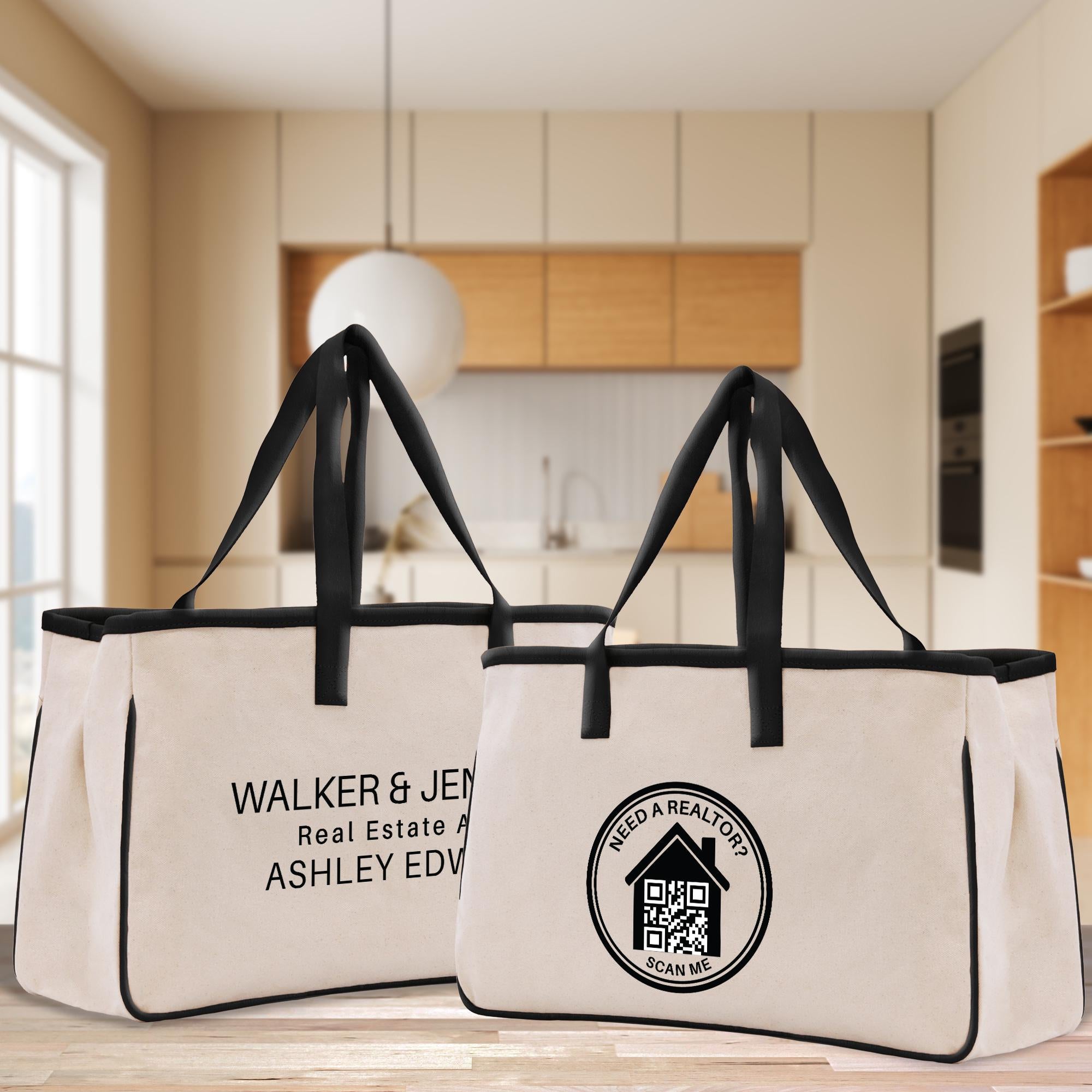 Two beige tote bags with black handles and straps, featuring text and logos related to real estate.