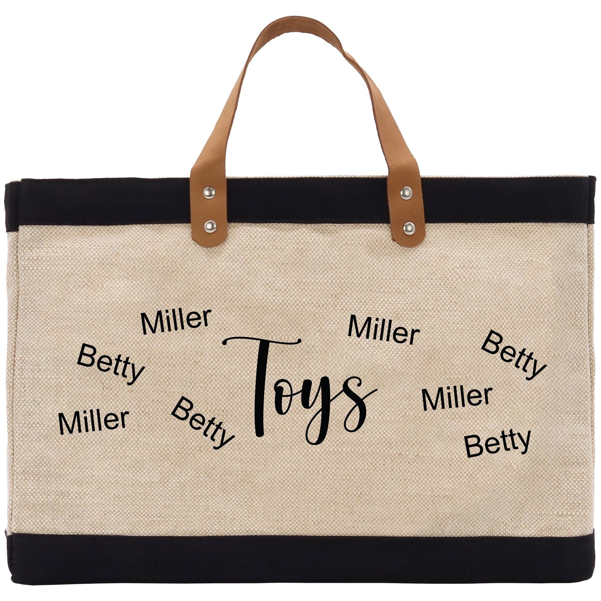 a black and white bag with words on it