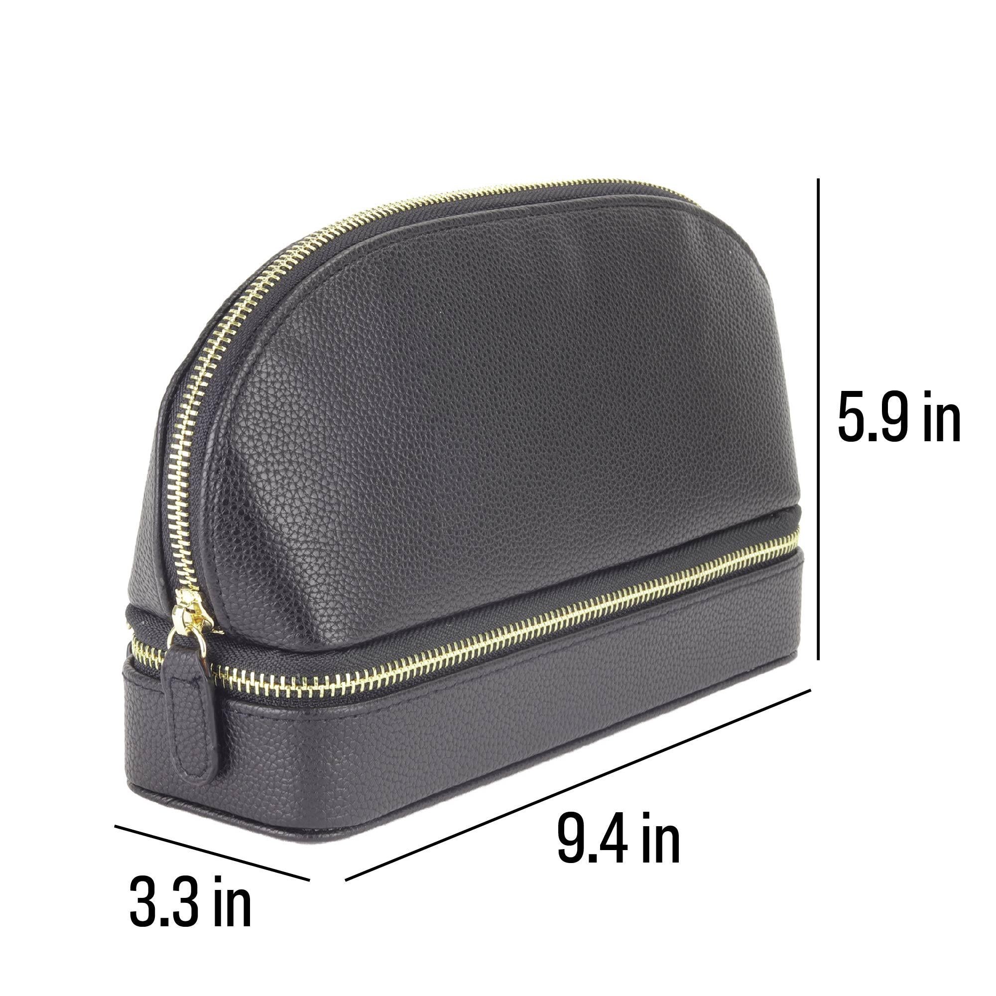 a black leather cosmetic bag with zippers