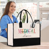 a woman sitting at a table with a medical bag