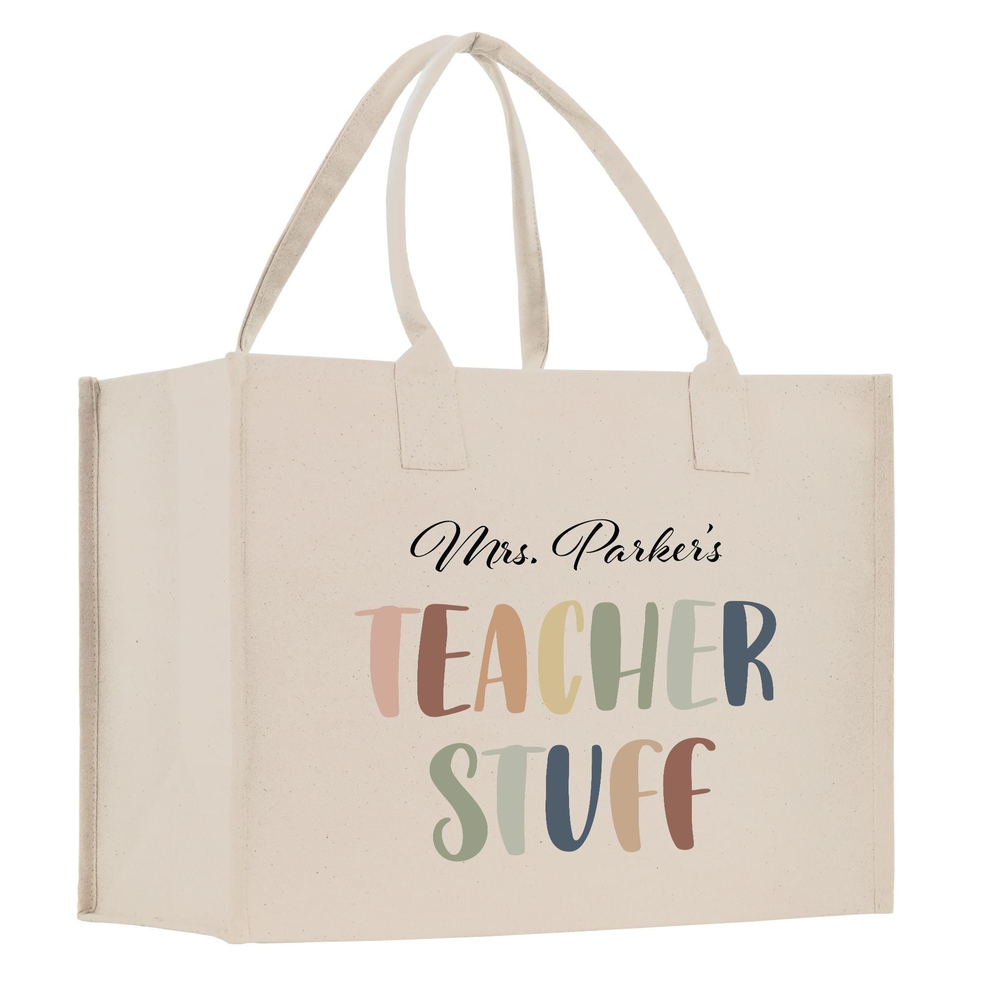 A beige canvas tote bag with the text &quot;Mrs. Parker&#39;s Teacher Stuff&quot; printed on it.