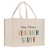 A beige canvas tote bag with the text "Mrs. Parker's Teacher Stuff" printed on it.
