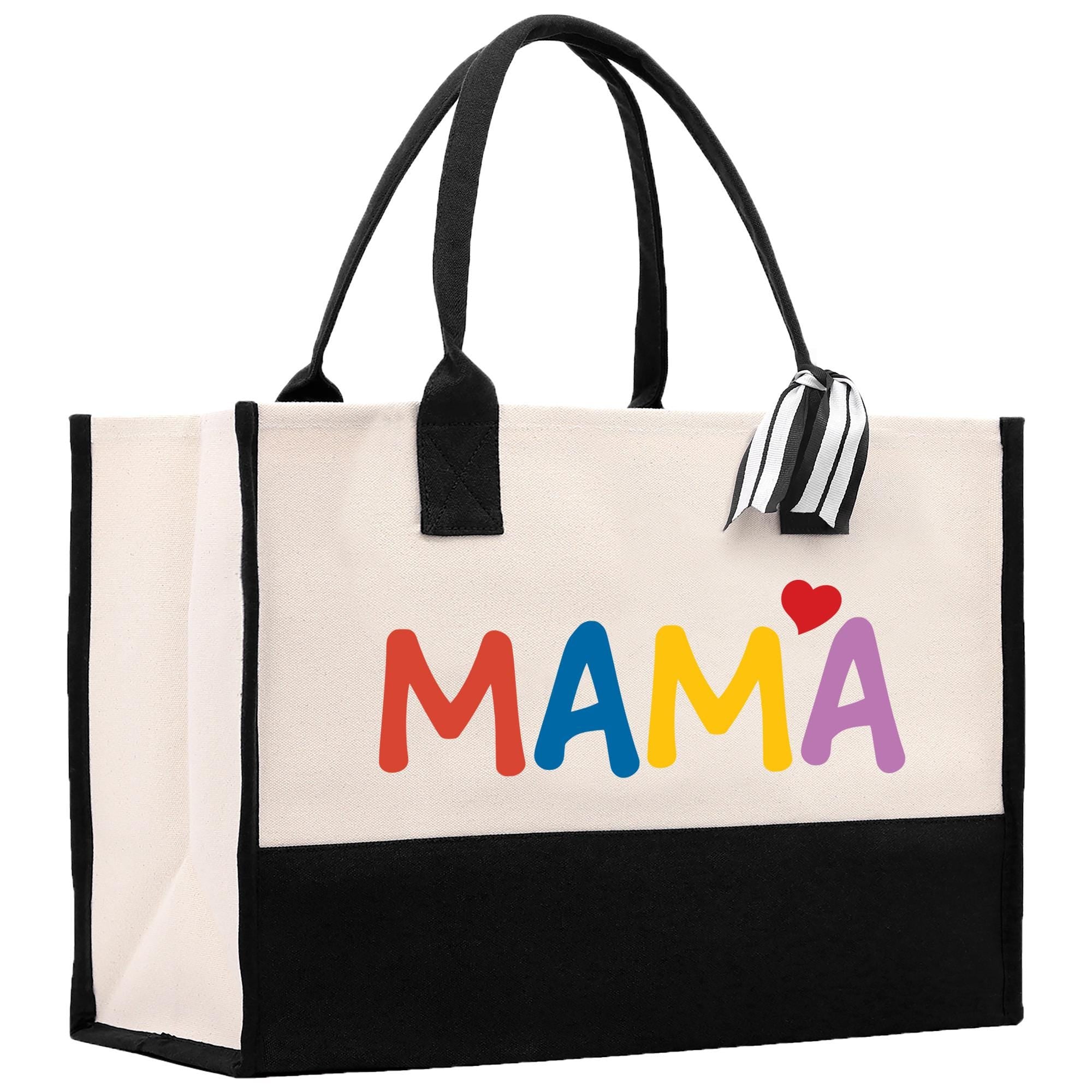 a white and black bag with the word mama printed on it