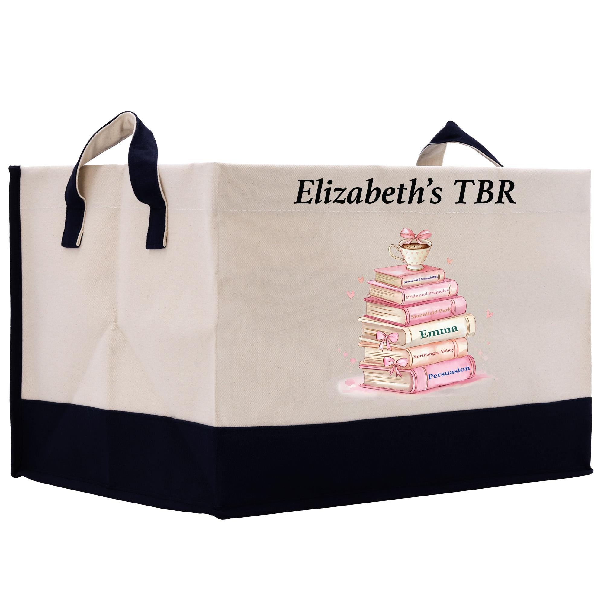 a bag with a picture of a stack of books on it