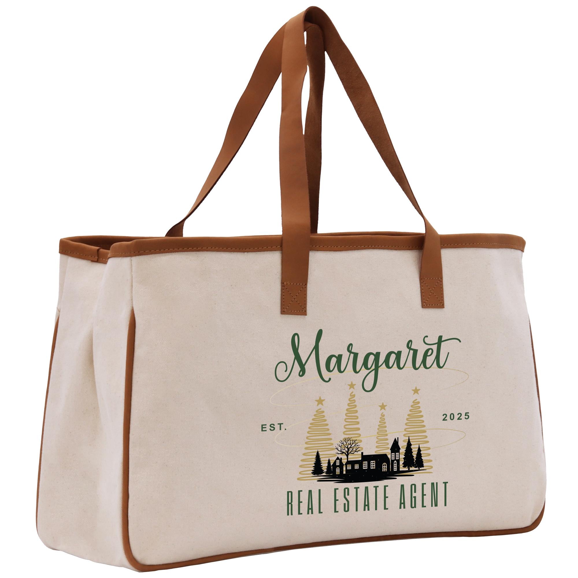 a white bag with a brown leather handle