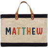 a canvas bag with the word mathew painted on it