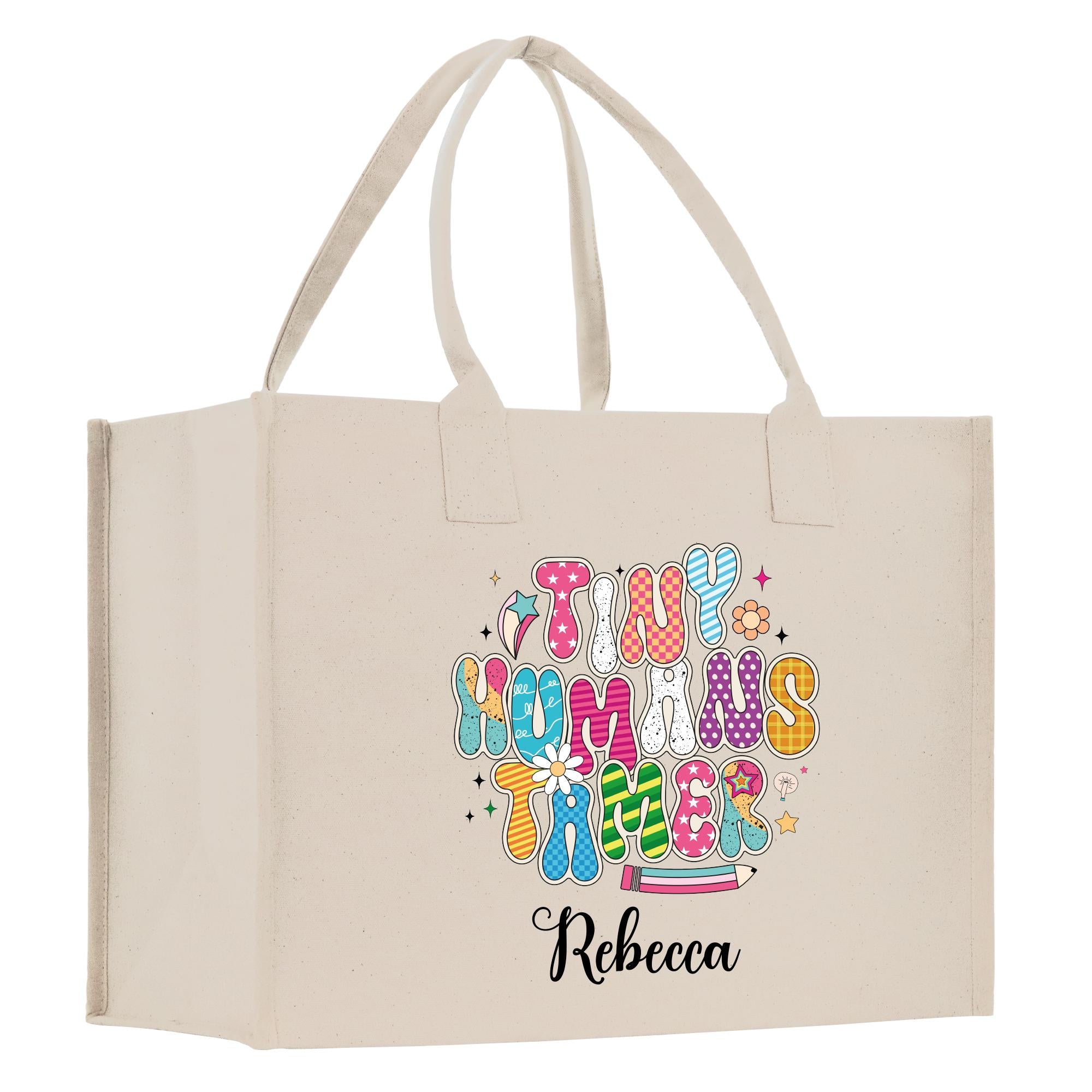 A beige canvas tote bag with a colorful graphic design featuring the text &quot;Tiny humans timer&quot; and the name &quot;Recca&quot; printed on it.
