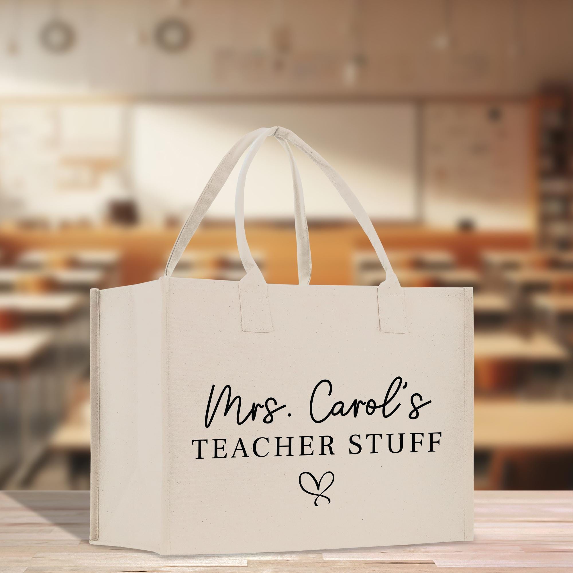 a white bag that says mrs carol&#39;s teacher stuff