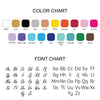 a color chart and a font chart. The color chart displays various colors, including white, gold, black, silver, yellow, tangerine, red, pink, and hot pink. The font chart shows the corresponding letters and their corresponding colors.