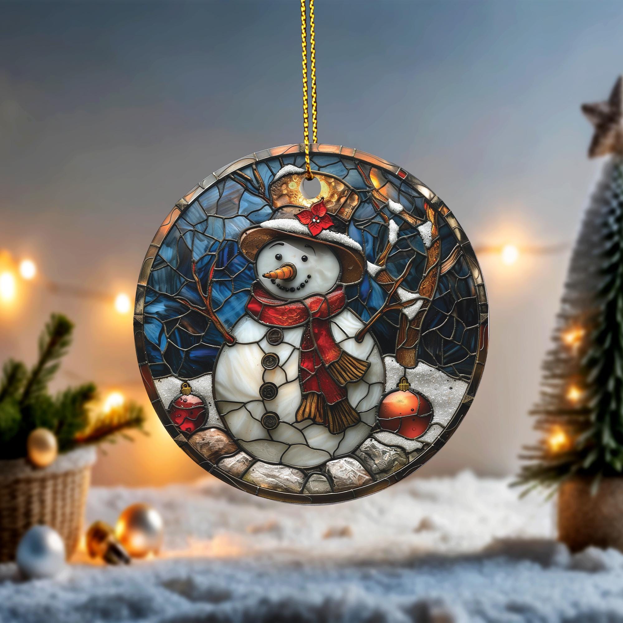 A stained glass ornament depicting a snowman is hanging in the center of the image, surrounded by Christmas lights and greenery.